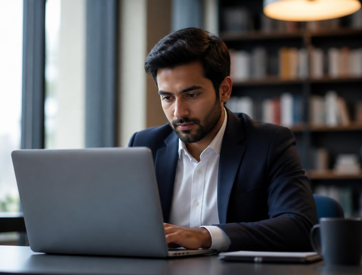 Professional completing a certification assessment on a laptop