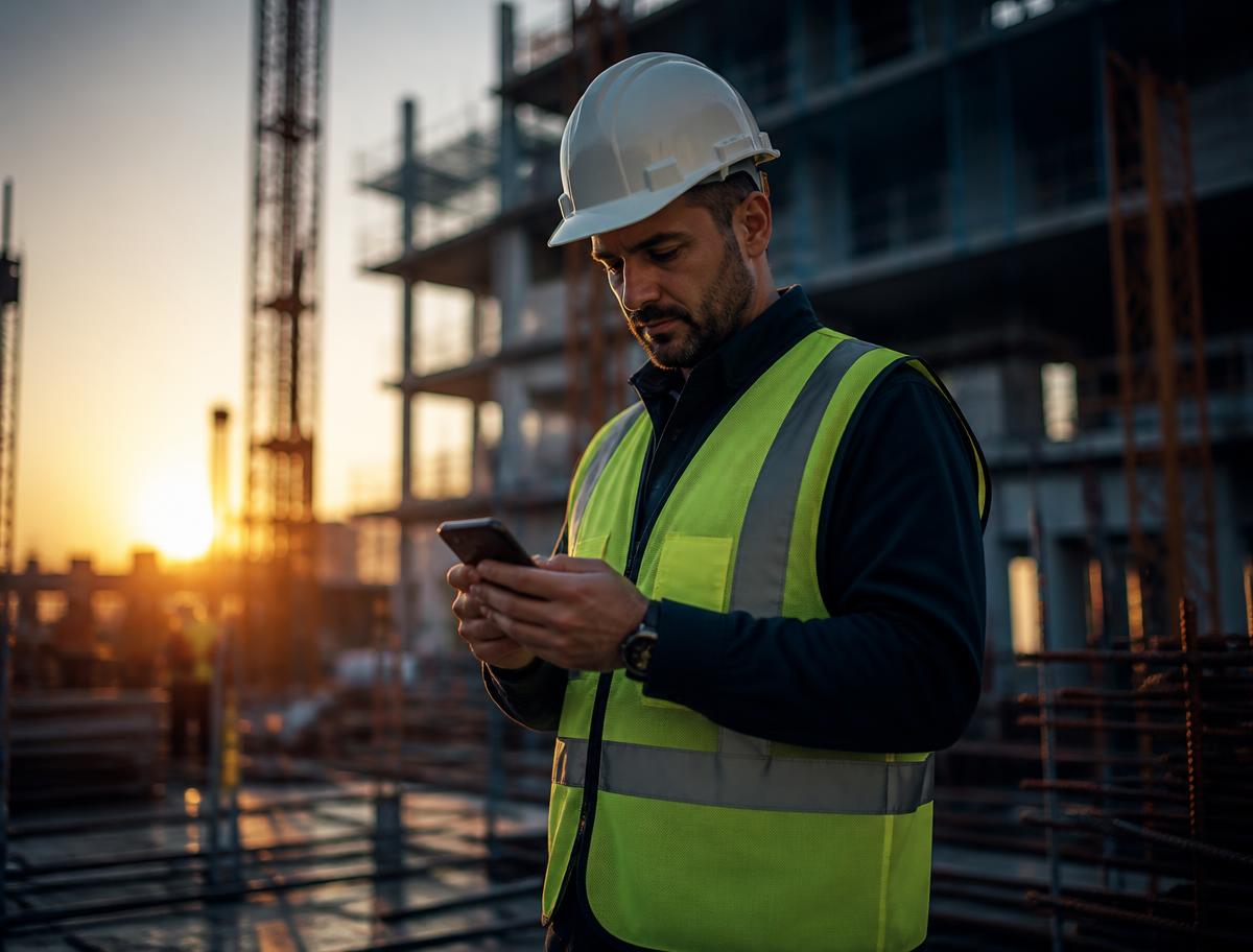 Construction worker in hi-vis and hard hat checking training on a phone at a building site