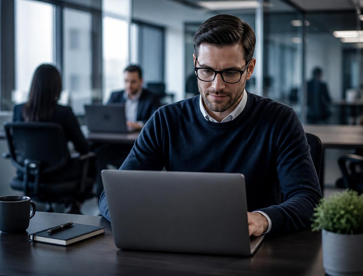Corporate employee completing online compliance training in an open-plan office
