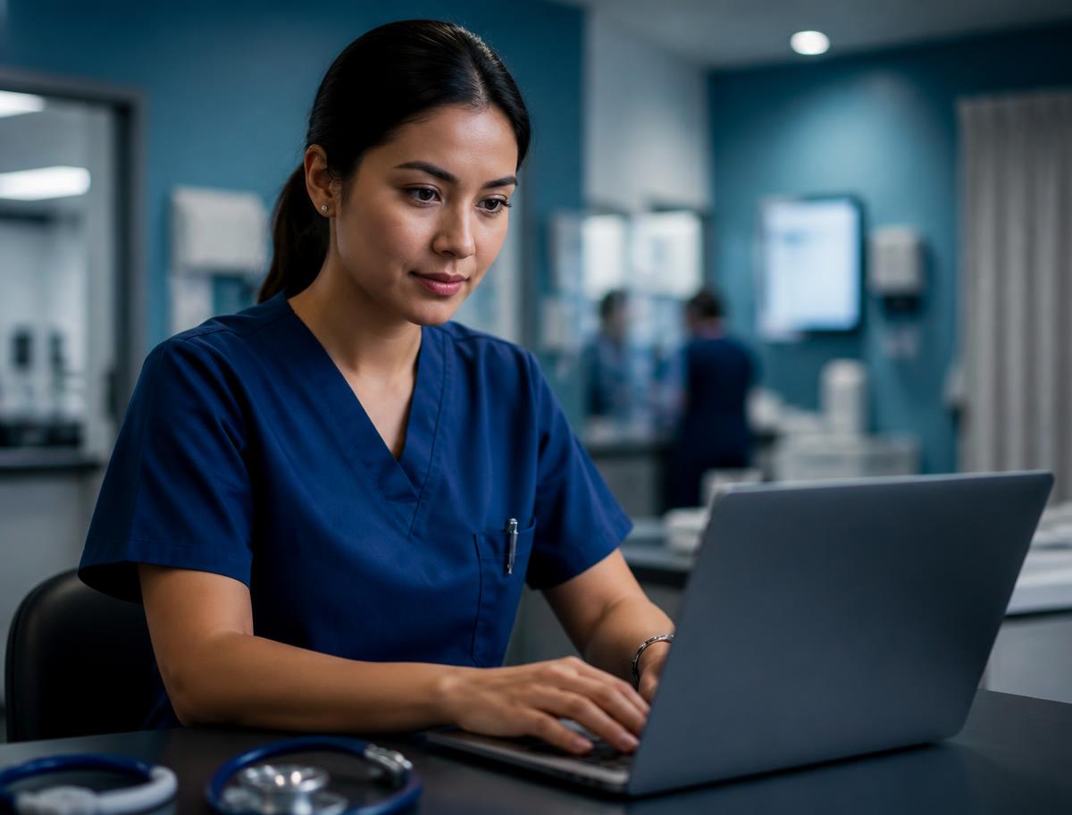 Healthcare professional in scrubs completing compliance training on a laptop