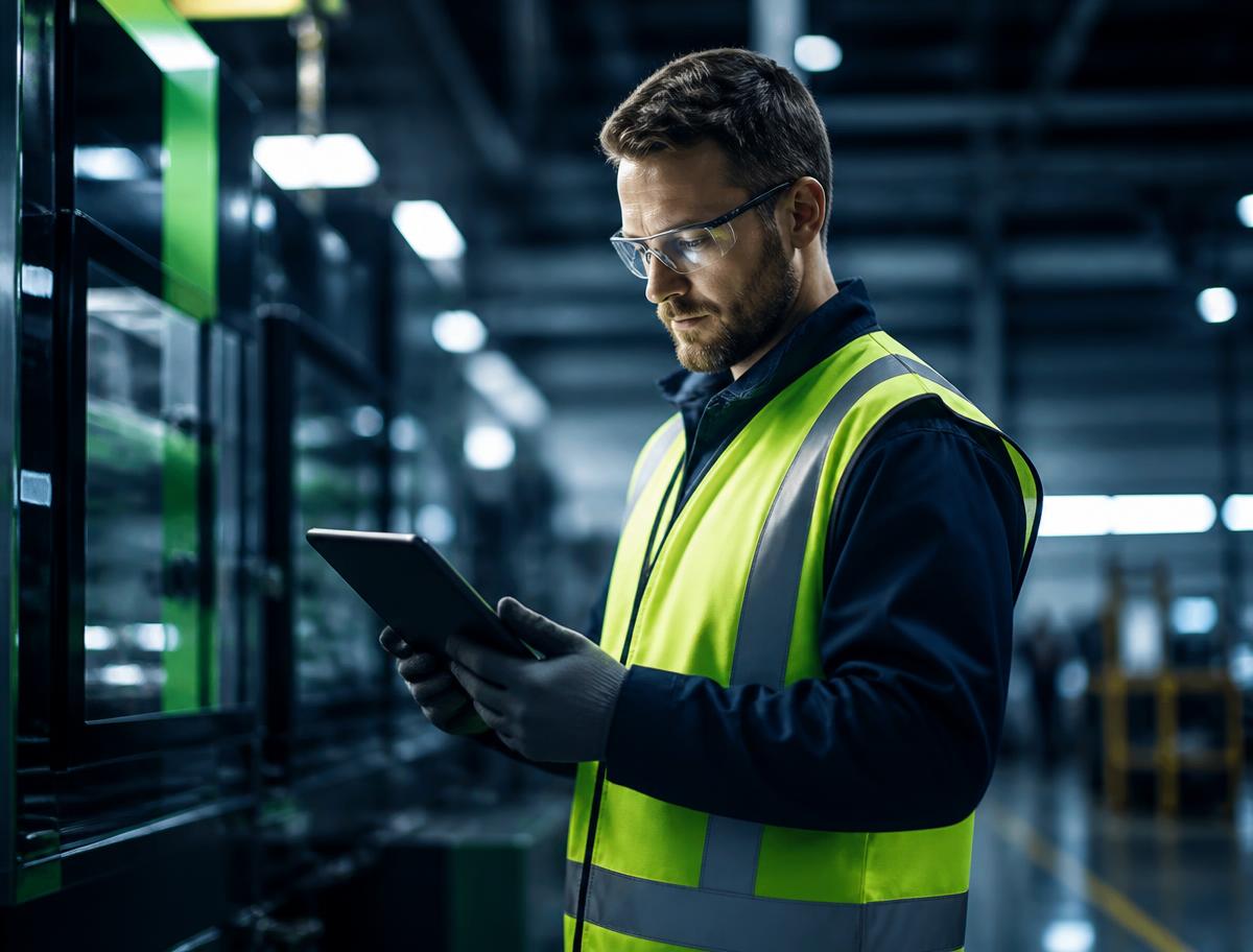 Industrial worker in safety glasses reviewing safety training on a tablet