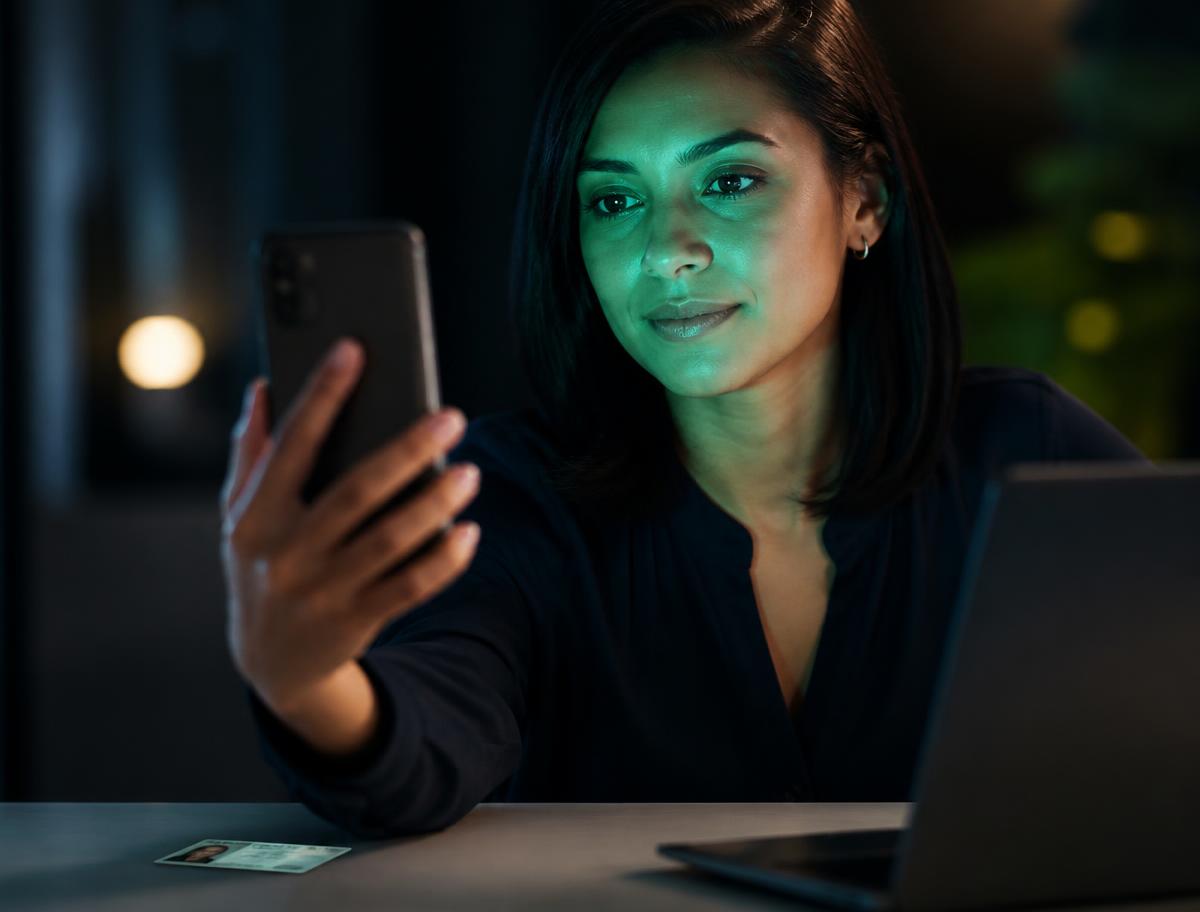 Learner verifying identity with a phone selfie next to a government ID card