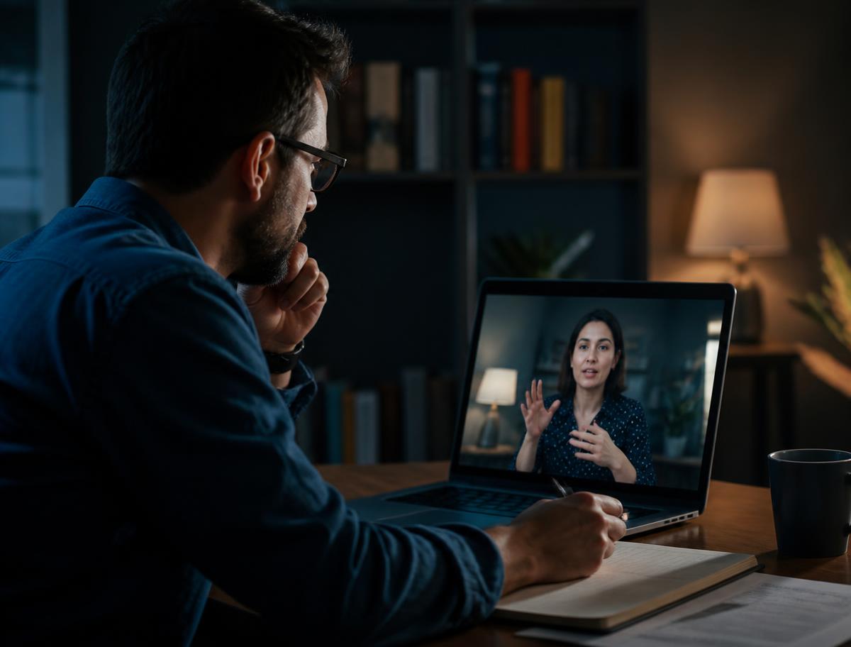 Adult learner taking a monitored online training session at home