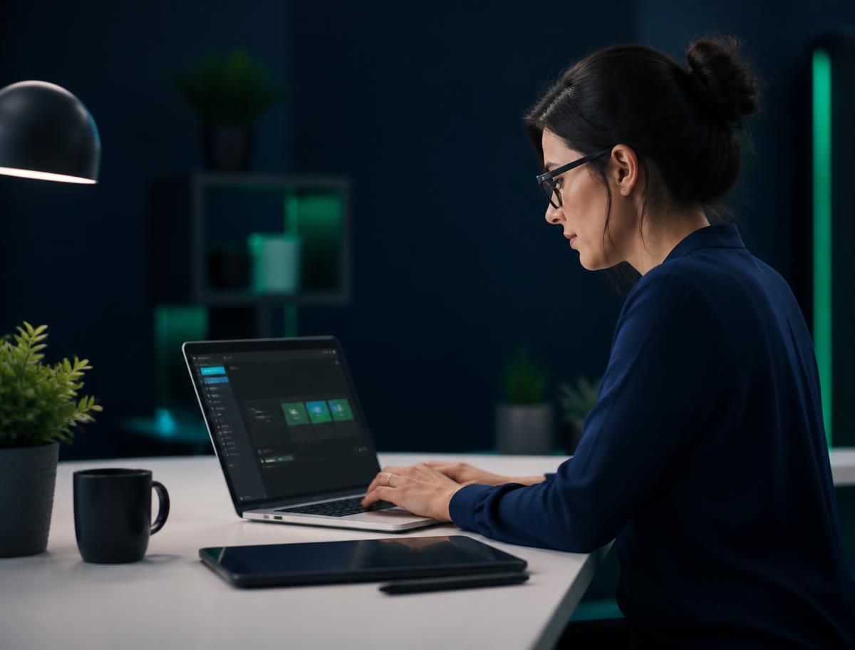 Learning technologist configuring an e-learning course platform on a laptop